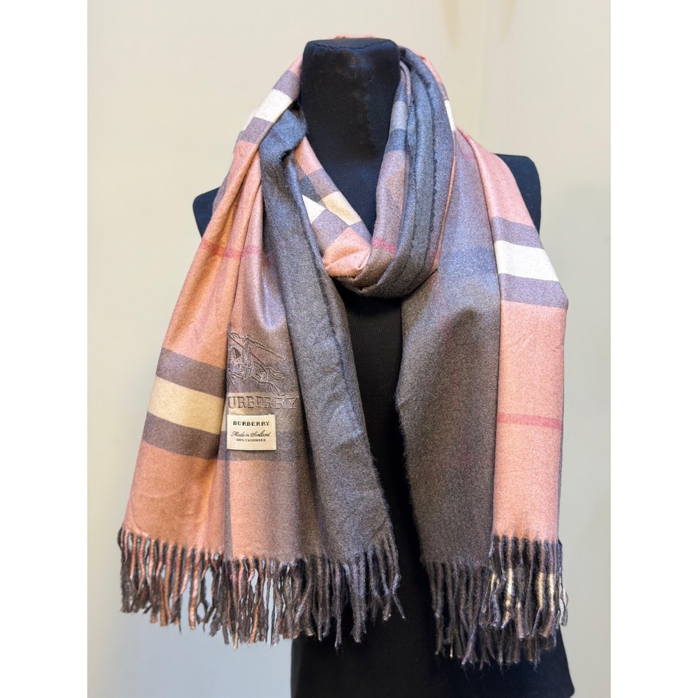 Burberry Cashmere Scarf Grey Charcoal Camel Oversized Check Made in Scotland